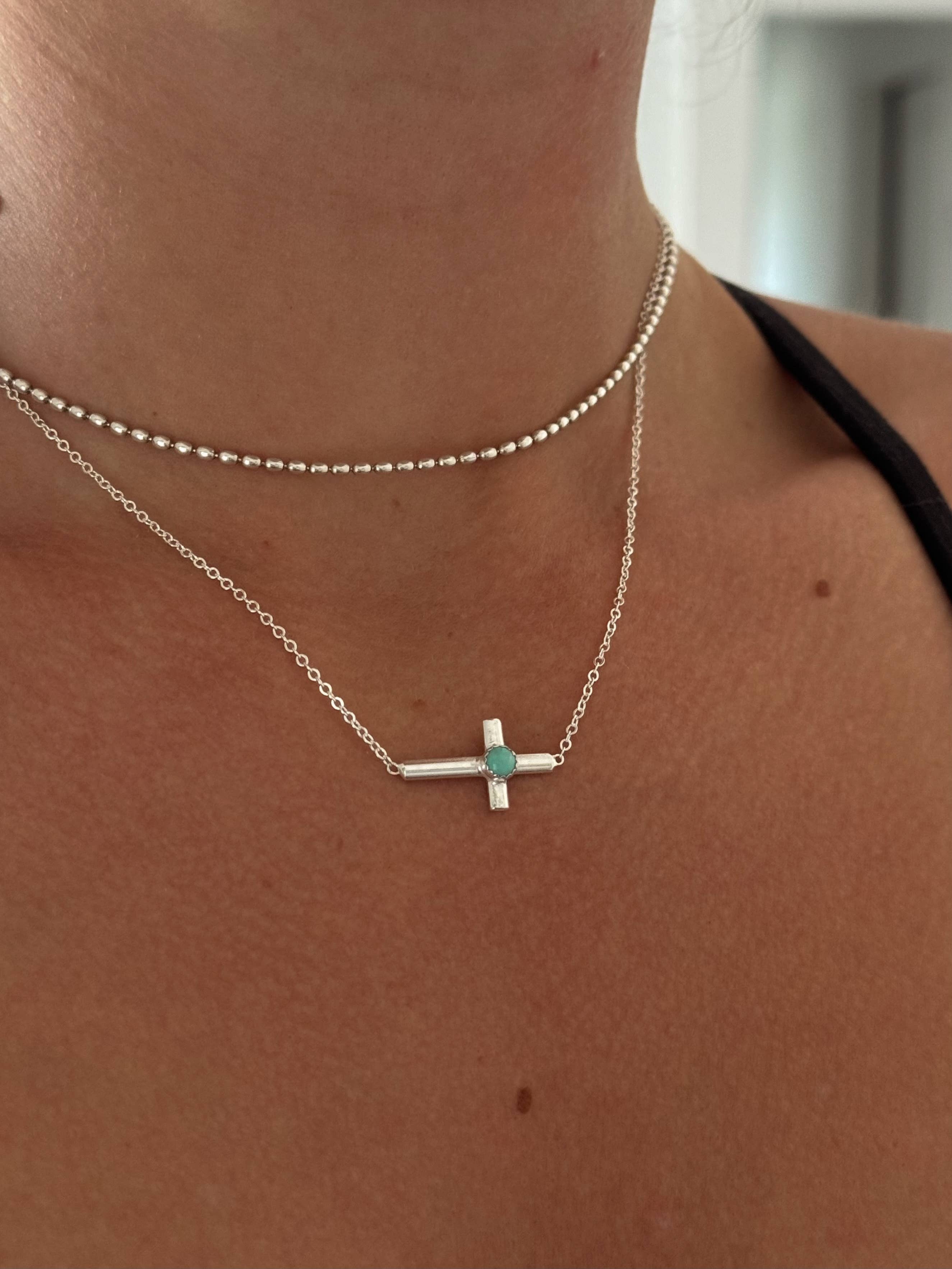 Sterling Silver Necklace - Horizontal Turquoise Cross 