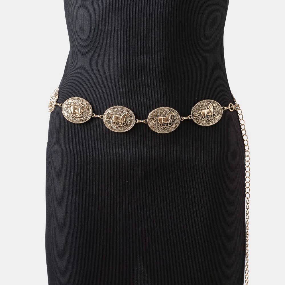 Western Horse Engraved Concho Chain Belt