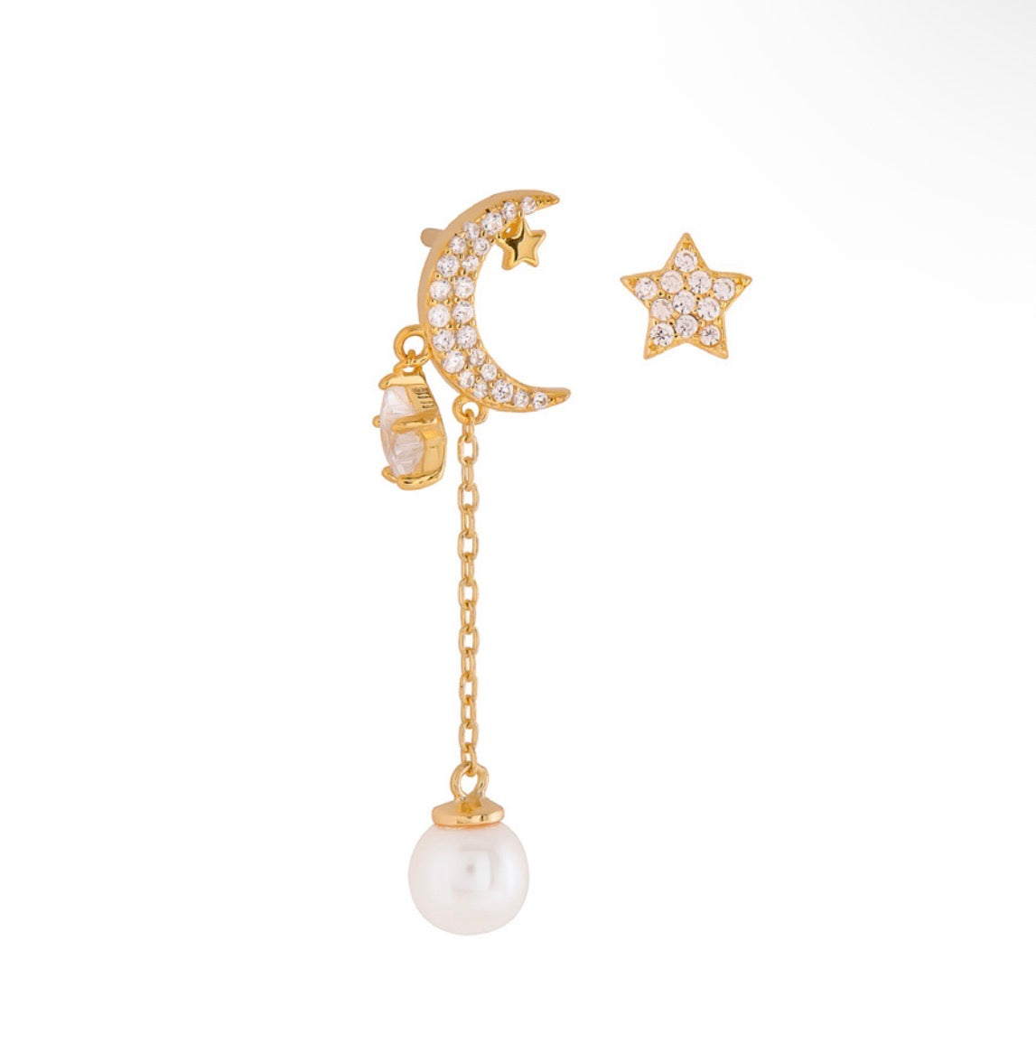 Sterling Silver 14K Gold Dipped Earrings - Moon, Star & Natural Pearl