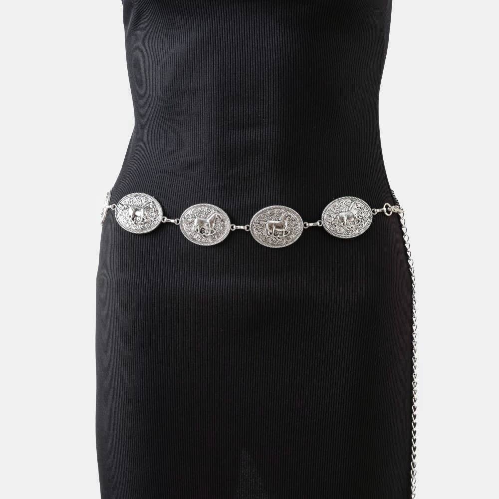 Western Horse Engraved Concho Chain Belt