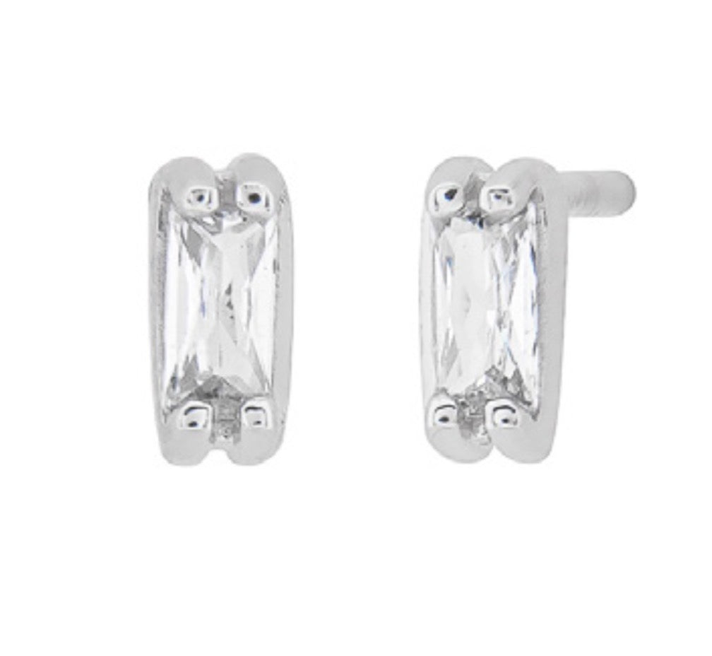 Sterling Silver White Rectangle CZ Stud Earrings