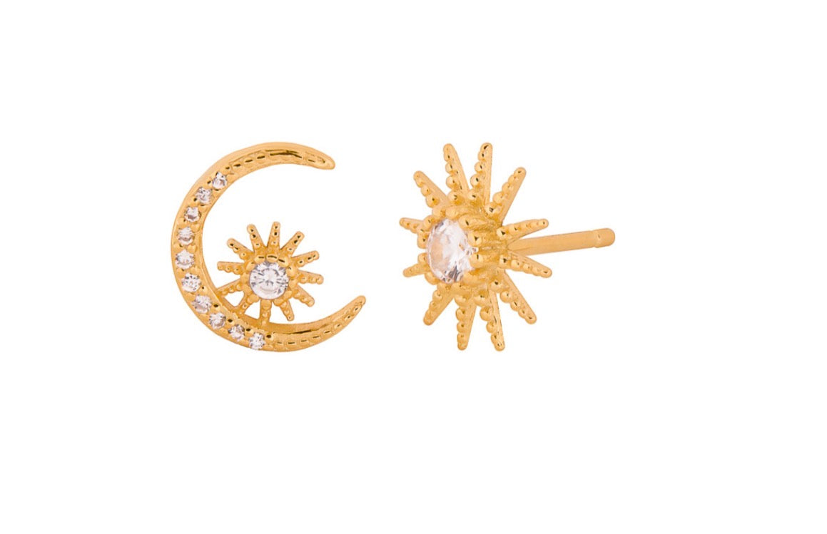 Sterling Silver 14K Gold Dipped Earrings - Sun & Moon