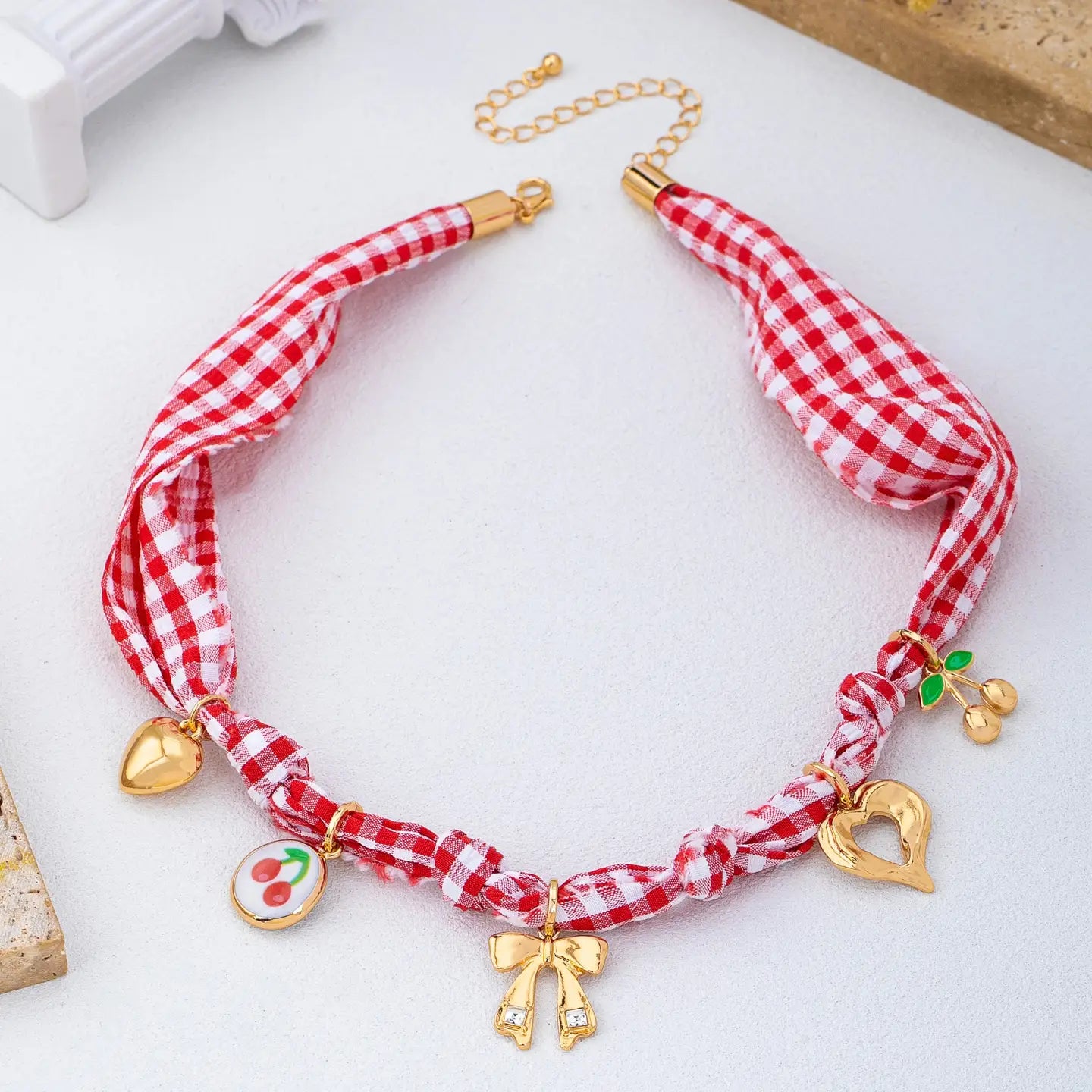 Red Gingham and Gold Charms Necklace Scarf