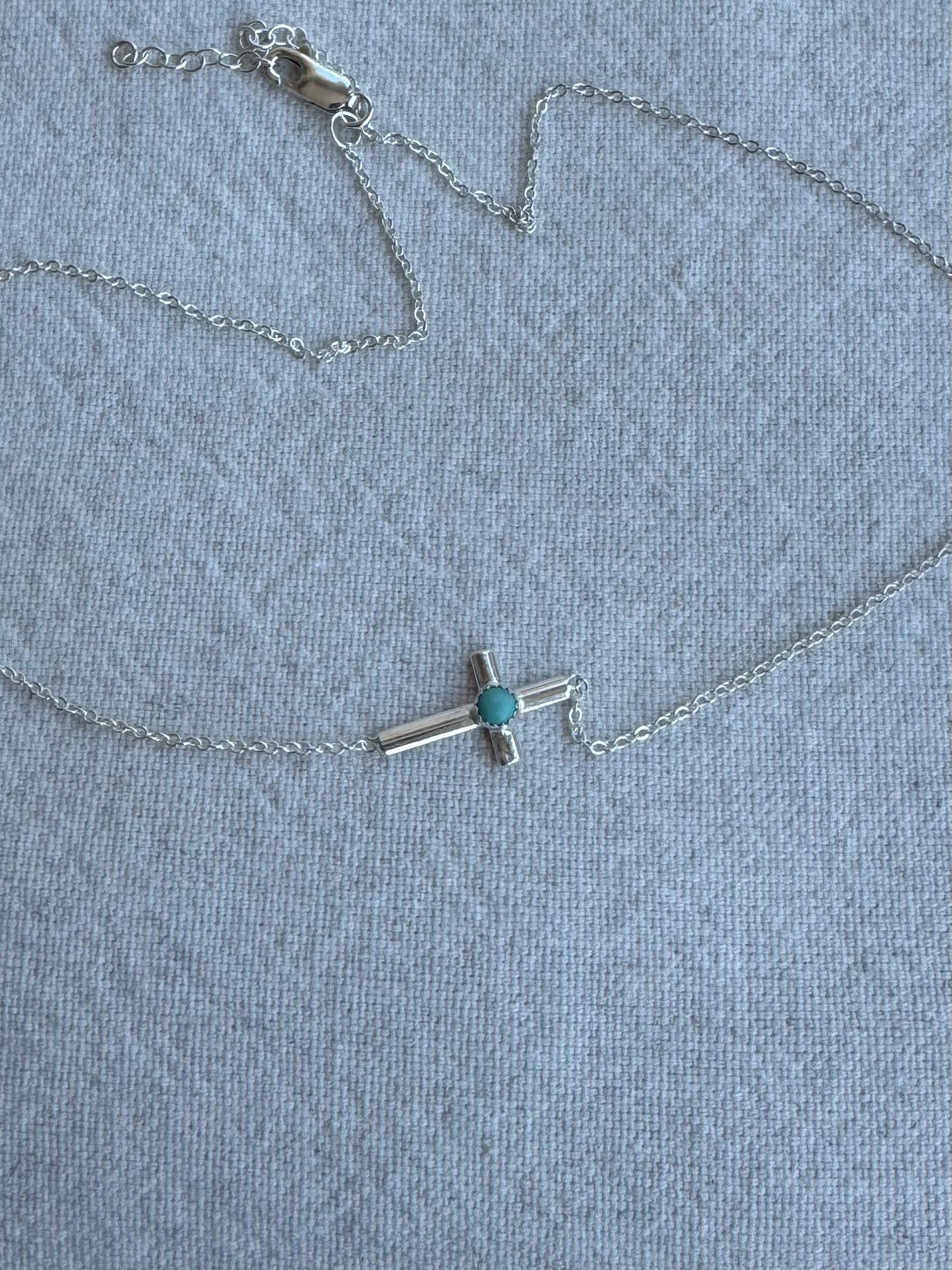 Sterling Silver Necklace - Horizontal Turquoise Cross 